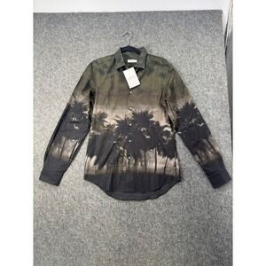 Valentino Mens Palm Tree Print Button Down Shirt Olive Green‎ Charcoal Italy NEW